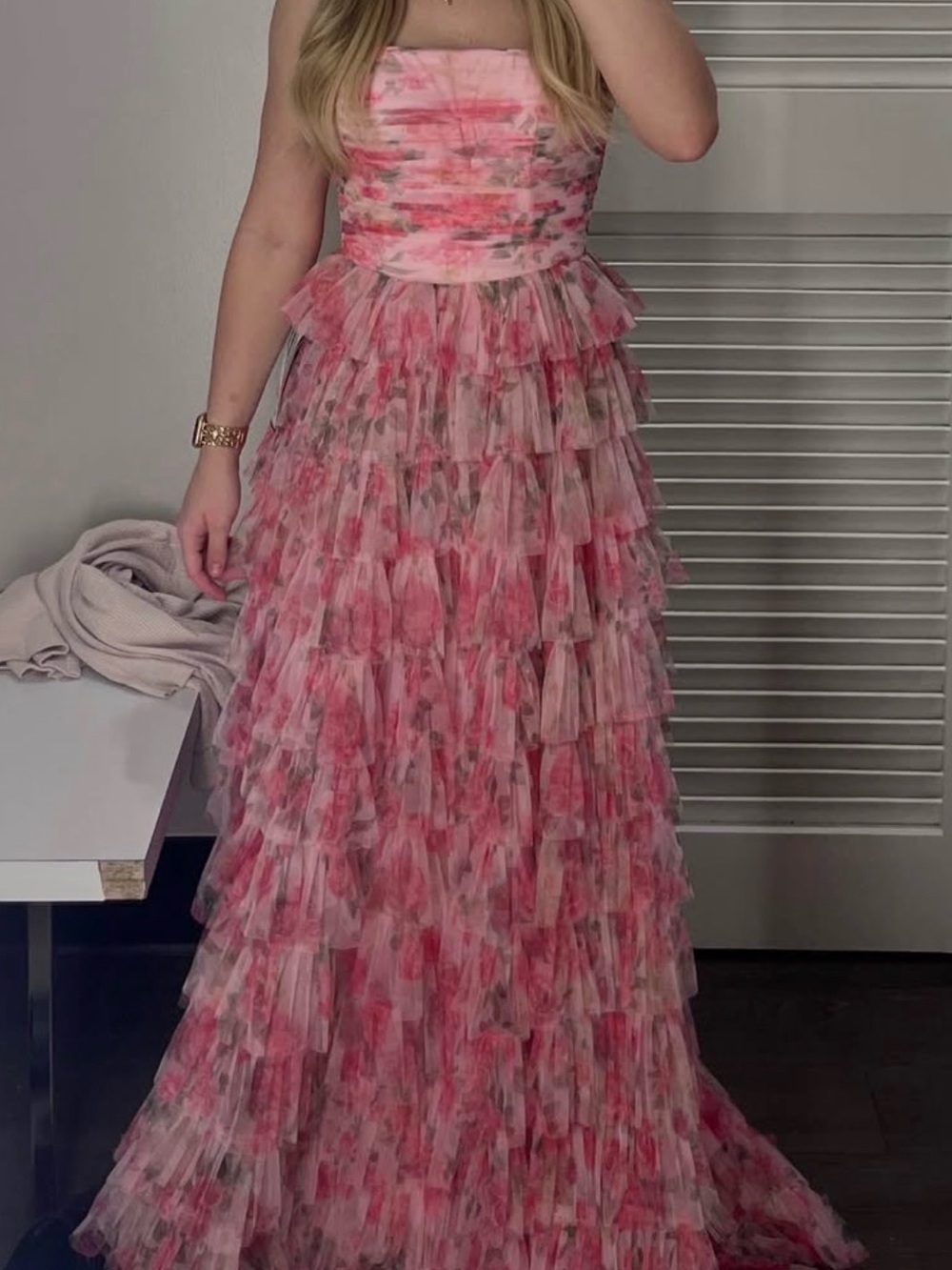 Strapless Pink Floral Ruffle Tulle Gown